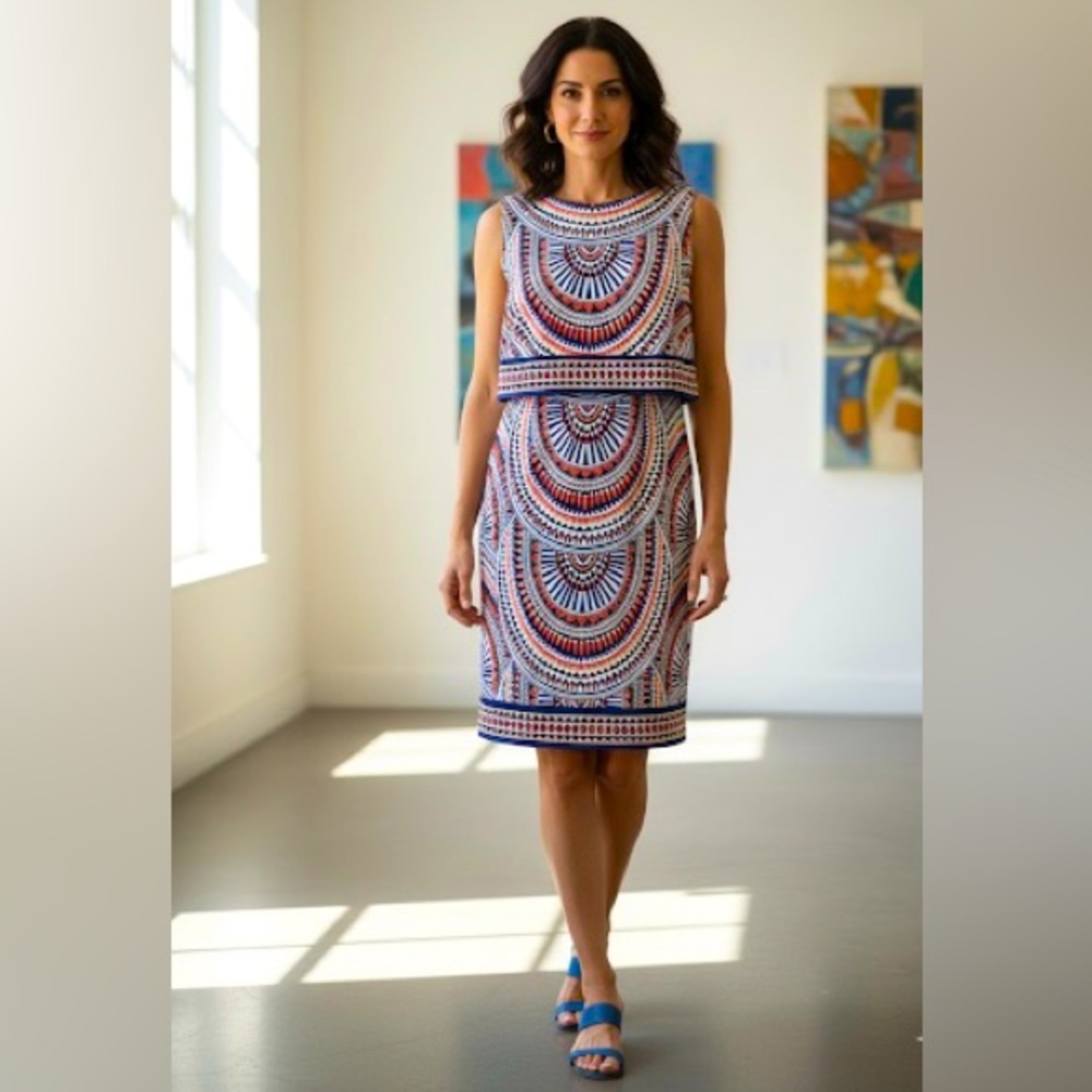 Chico's Sleeveless Stretch Tribal Layered Disc Popover Short Dress (NWT)